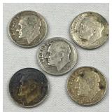 (5) 1948-64 Roosevelt Silver Dimes, US 90%