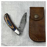 Damascus Steel Folding Blade Knife w/ Sheath