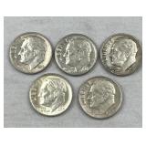 (5) 1948-64 Roosevelt Silver Dimes, US 90%