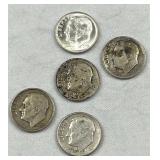 (5) 1948-64 Roosevelt Silver Dimes, US 90%