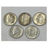 (5) 1948-64 Roosevelt Silver Dimes, US 90%