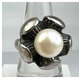 925 Silver Modernist Genuine Pearl Flower Ring