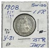 1908 Swiss Silver 1 Franc Coin