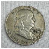 1957-D Franklin Silver Half Dollar, US 90%