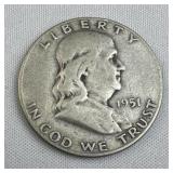 1951-S Franklin Silver Half Dollar, US 90%