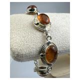 925 Silver Vtg Cognac Baltic Amber 5 Cabochon Brac
