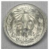 1945 Silver Mexico 50 Centavos, Gem BU WWII
