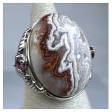 925 Silver Crazy Lace Agate Accent Amethyst Ring