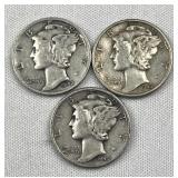 (3) 1942-1945 Silver Mercury Dimes, US 90%