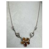 925 Silver Baltic Amber Floral Pendant Necklace