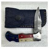 Damascus Steel Folding Blade Knife w/ Sheath