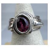 925 Silver Hand-Cast Chunky Solitaire Garnet Ring