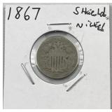 1867 w/ Rays US Shield Nickel, 5c Coin
