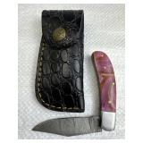 Damascus Steel Folding Blade Knife w/ Sheath