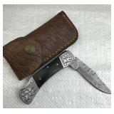 Damascus Steel Folding Blade Knife w/ Sheath