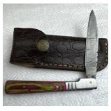 Damascus Steel Folding Blade Knife w/ Sheath