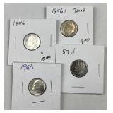 (4) 1946-1960 Roosevelt Silver Dimes, US 90%