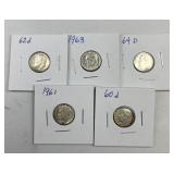(5) 1960-1964 Roosevelt Silver Dimes, US 90%