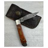 Damascus Steel Folding Blade Knife w/ Sheath
