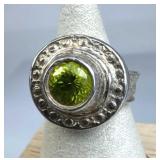 925 Silver Hand-Cast Chunky Solitaire Peridot Ring