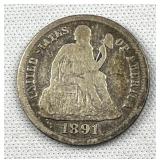 1891-S Seated Liberty Silver Dime, US 10c 90%
