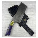 Lg Damascus Steel Fixed Blade Knife w/ Sheath