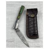 Damascus Steel Folding Blade Knife w/ Sheath