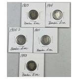 (5) 1893 to 1914 Barber Silver Dimes, US 90%