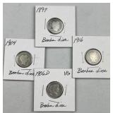 (4) 1897 to 1916 Barber Silver Dimes w/ VG, 90%