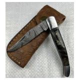 Damascus Steel Folding Blade Knife w/ Sheath