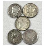 (5) Assorted Mercury/Rosy Silver Dimes, US 90%