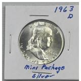 1963-D Franklin Silver Half Dollar, BU From Set