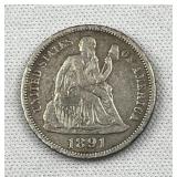 1891 Seated Liberty Silver Dime, US 10c 90%