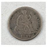 1887 Seated Liberty Silver Dime, US 10c 90%