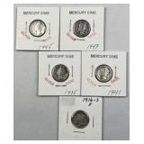 (5) 1916-1945 Mercury Silver Dimes, US 90%