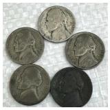 (5) 1942-45 WWII Era Silver War Nickels, 35%