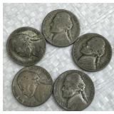 (5) 1942-45 WWII Era Silver War Nickels, 35%