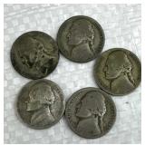 (5) 1942-45 WWII Era Silver War Nickels, 35%