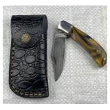 Damascus Steel Folding Blade Knife w/ Sheath