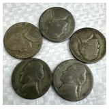(5) 1942-45 WWII Era Silver War Nickels, 35%