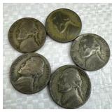 (5) 1942-45 WWII Era Silver War Nickels, 35%