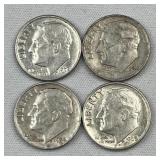 (4) 1946-64 Silver Era Roosevelt Dimes, US 90%