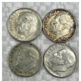 (4) 1946-64 Silver Era Roosevelt Dimes, US 90%