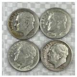 (4) 1946-64 Silver Era Roosevelt Dimes, US 90%