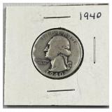 1940 Washington Silver Quarter, US 90% Coin