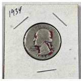 1934 Washington Silver Quarter, US 90% Coin