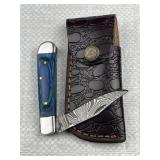 Damascus Steel Folding Blade Knife w/ Sheath