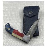 Damascus Steel TX Folding Blade Knife w/ Sheath