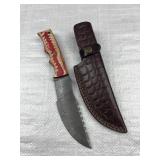 Lg Damascus Steel Fixed Blade Knife w/ Sheath