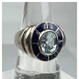 925 Silver Sky Blue Topaz & Enamel Halo Ring